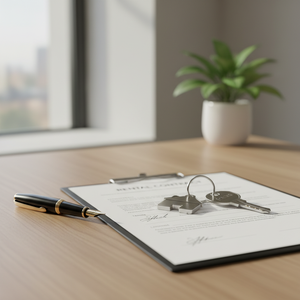 Signed rental contract with keys and a fountain pen on a modern desk