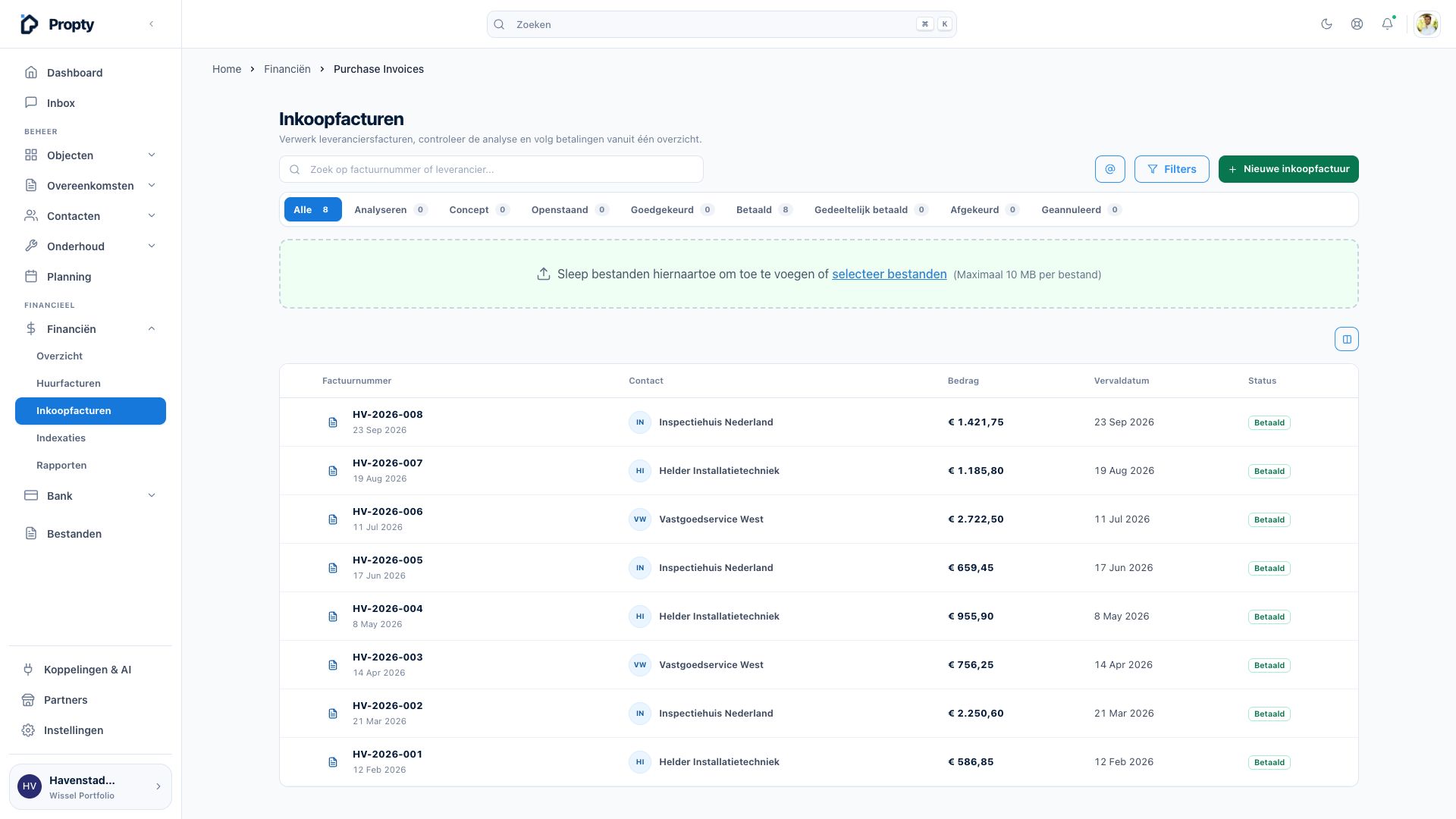 Facturen en betaalstatus in Propty
